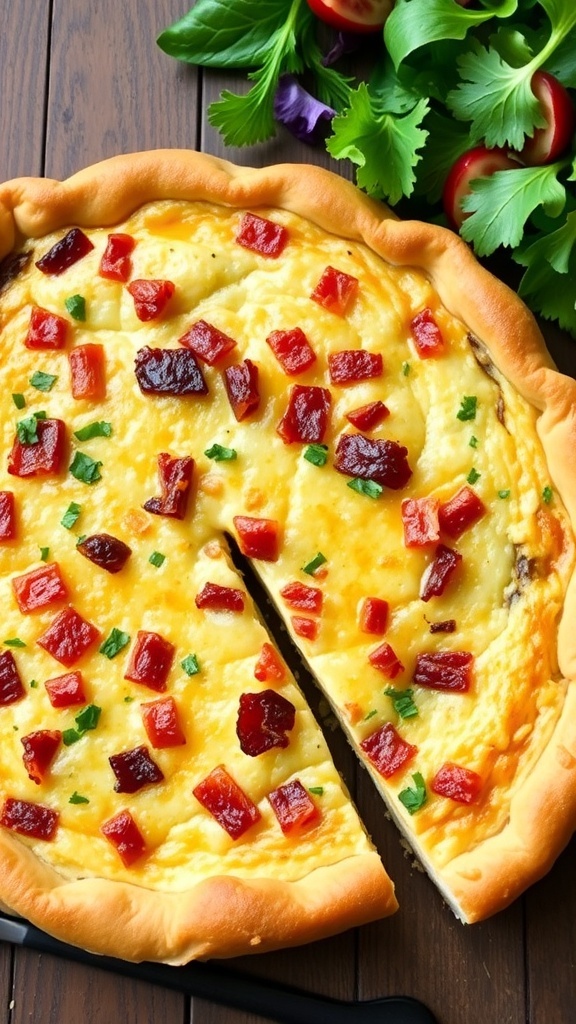 A slice of bacon and cheese quiche on a plate, showcasing a flaky crust and creamy filling, garnished with herbs.